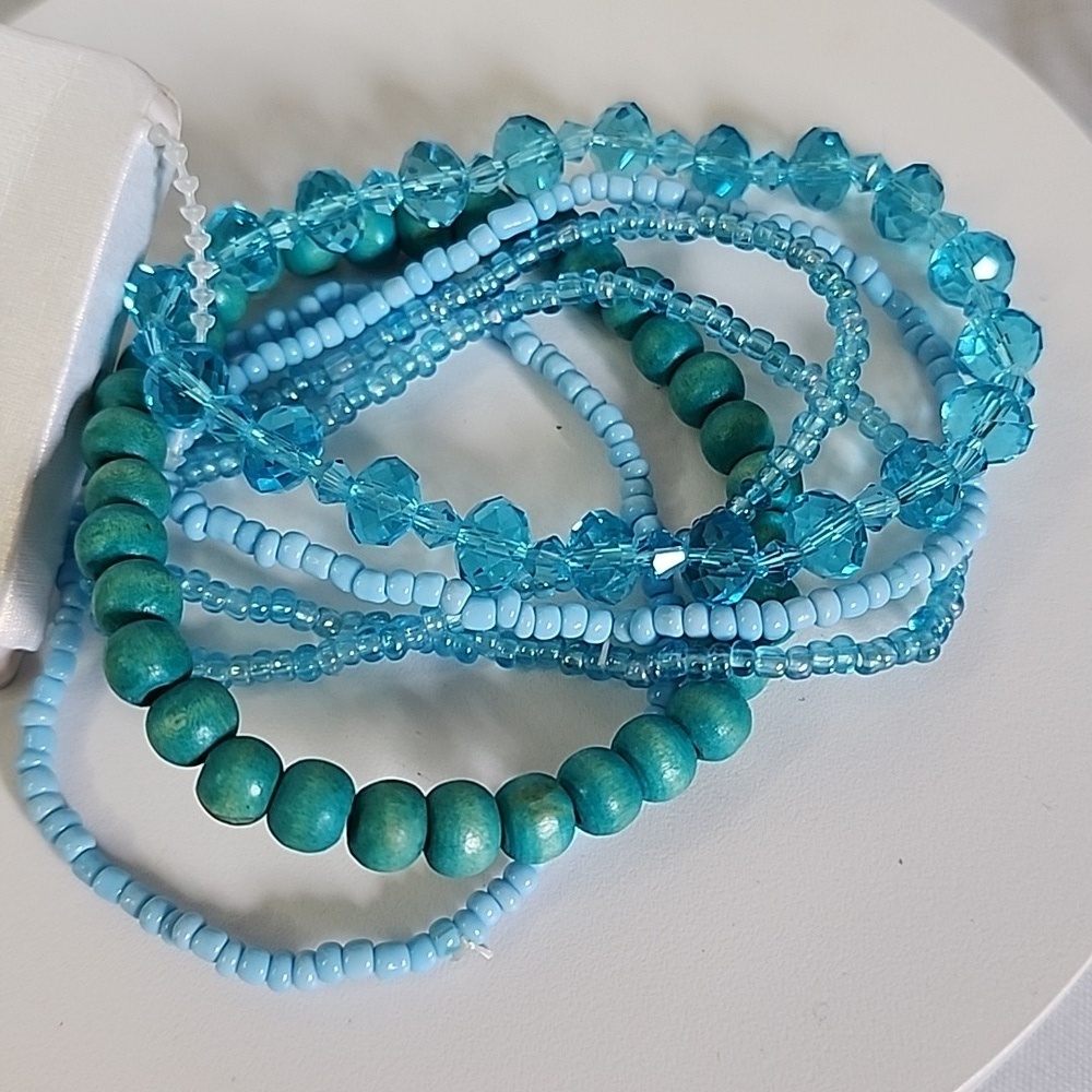 Set of 6 Light Blue Mixed Media Stretch Stack Bracelets New